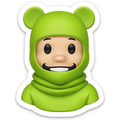 bearbrick toy wearing a lime green balaclava with relaxed but well-defined arched eyebrows visible above the mask sticker