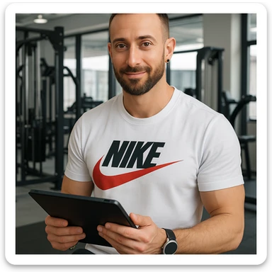 Create a realistic image of a personal trainer in a gym preparing personalized workout plans based on the client's needs, inspired by the person in the reference photo. Show the trainer holding a tablet or notebook in a professional and welcoming gym environment. sticker