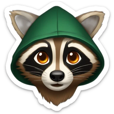 brown raccoon with orange eyes and a dark green hood that is crying sticker