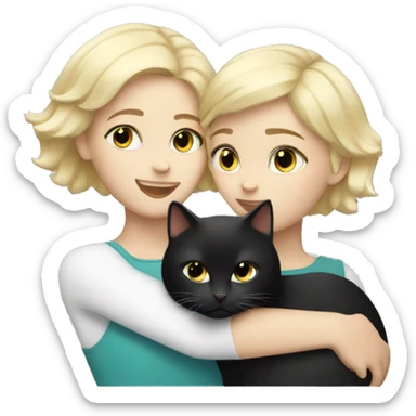 Blonde girl with short hair hugs black and white cat sticker