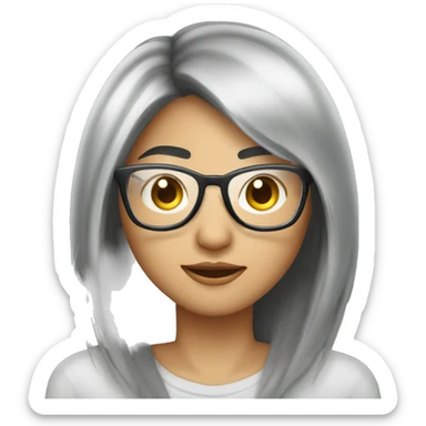 asian person with black feminine medium shot hair wearing silver glasses, heading peaking out from behind a silver macbook laptop sticker