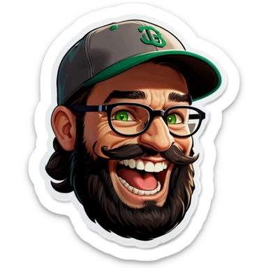 A man with a grey baseball cap, green eyes, big dark brown beard and glasses, laughing sticker