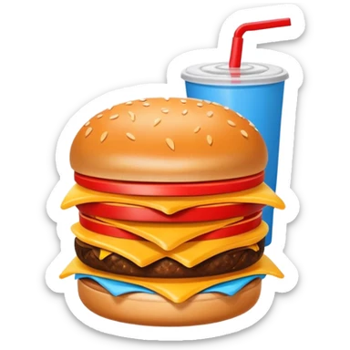 A clean and simple icon of fast food in emoji-style illustration. A burger with fries and a soda cup, bright and bold colors, simple shapes, flat design, high contrast, inviting and appetizing. sticker