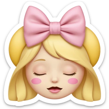 classic yellow laughing emoji with a very pretty pale pale pink bow no nose and closed eyes sticker