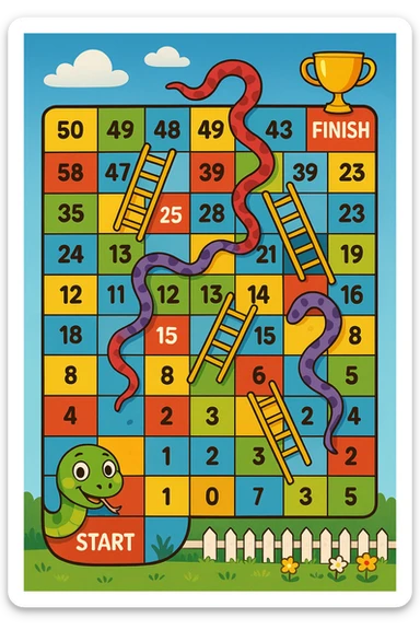 Create a colorful rectangular board game path in the classic "Snakes and Ladders" style. The path consists of 50 numbered squares arranged in a winding pattern across 4–5 horizontal rows. The path starts in the bottom-left corner with a cheerful cartoon snake's face and the word "START", and ends in the top-right corner with a trophy icon and the word "FINISH". Include several snakes that slide the player down (curvy red or purple snakes with playful expressions) and ladders that move the player up (brightly colored ladders with blue or yellow rungs). Some squares are colored differently (e.g. red, blue, yellow) to indicate special actions. The background is bright and fun, with a blue sky, white clouds, green grass, and a picket fence with flowers. Style: digital cartoon illustration with bold lines, vibrant colors, and a joyful, child-friendly atmosphere. The entire board should be playful, engaging, and suitable for kids aged 5–10. sticker