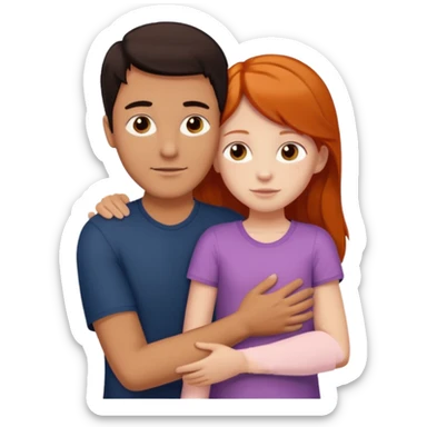 A tall dark-haired tanned man and a small ginger-haired girl hugging sticker