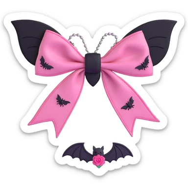 3D emoji style pink bow with gothic effect, dark rose embroidery, black velvet accents, and silver bat charm sticker
