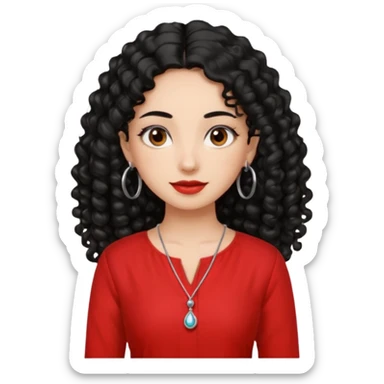 generate a pretty bratz girl with a red kurti, long black curly hair, hoops, sticker