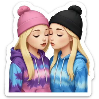 Short brunette white girl in a hoodie and a black beanie kissing a tall blonde girl wearing a black beanie and a tiedye hoodie. make ther brunette shorter than the blonde sticker