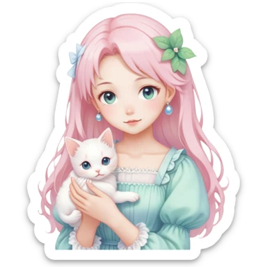  gorgeous-pastel-anime-style-lady-with-blushing-face-and-holding-a-white-kitten-cottagecore-fairycore-pastelcore-colorful-pearly-romantic-simplistic-aesthetic-trending-style sticker
