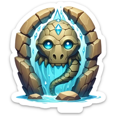 Design a unique elemental sandstone guardian golem creature that combines the crystalline rock golem's defensive fortitude with the spectral water serpent's fluid grace, perhaps creating a being with a segmented stone core that flows like water and channels ghostly aquatic energy through embedded gems. fluorescent bioluminescence between the cracks sticker