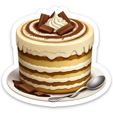 Tiramisu Cinematic Realistic Tiramisu Dessert Emoji, depicted as a delightfully messy, layered tiramisu with coffee-soaked sponge and mascarpone cream, rendered with rich textures and warm, indulgent lighting. sticker