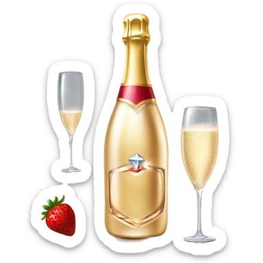 Realistic sparkling diamond glam bottle of champagne with matching skinny glass filled with the champagne with strawberry in the bottle of glass. sticker