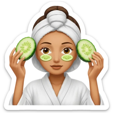 woman at the spa with cucumbers slices covering her eyes and tan skin tone with towel completely covering hair and robe on sticker