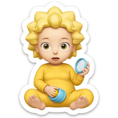 A 3D cartoon baby character fully yellow skin, styled like Maggie Simpson, with pacifier, yellow onesie, big eyes, smooth shading, Memoji-style rendering, consistent with other yellow Simpsons characters. sticker
