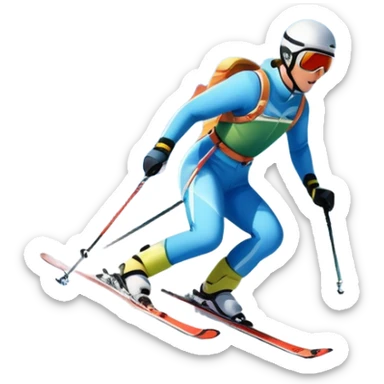 An icon featuring snowy peaks, pine trees, and a picturesque mountain landscape with a skier racing down a snow-covered slope, The sky is blue with soft clouds, capturing the thrill and beauty of alpine skiing. Transparent background highlights the excitement and serenity of winter sports. sticker