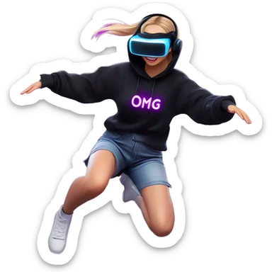 Russian girl wearing black hoody with violet letters "OMG", in vr headset oculus quest2. jumping. Cyberpunk style. Violet neon. sticker
