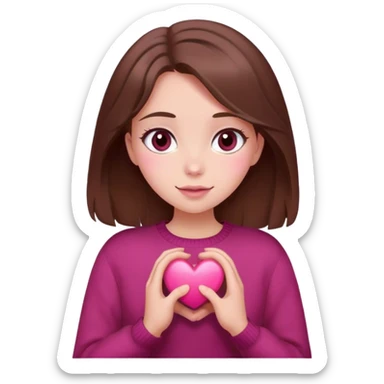 A girl with brown hair smiles, gray eyes, wearing a burgundy sweater, holding a pink heart in her hands sticker