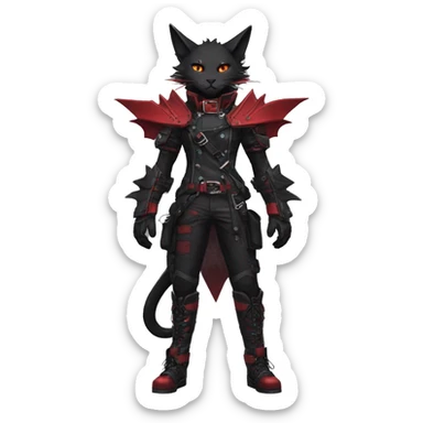 Anthro cool edgy elegant pretty black punk techwear red fantasy nargacuga-bat-cat-Fakemon collar harness warrior full body sticker