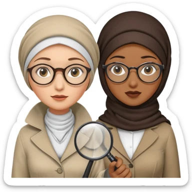 one white woman with hijab and glasses detective + one black woman without hijab and glasses detective  hand lens in one hand, hat etc sticker