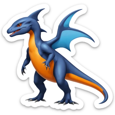 Shiny Black Koraidon-Latios-Salandit-Fakémon-hybrid-creature (full body) with orange belly sticker