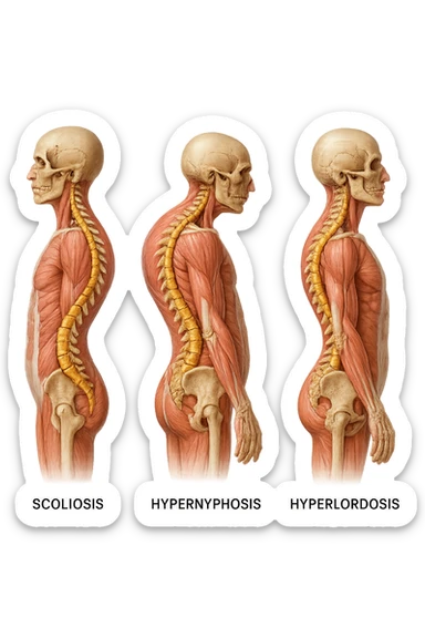 fai un immagine identica che riguarda 3 posture scorrette: scoliosi, ipercifosi e iperlordosi. falla iperrealistica anatomica in 4k con spina dorsale storta in evidenza su ogni figura sticker