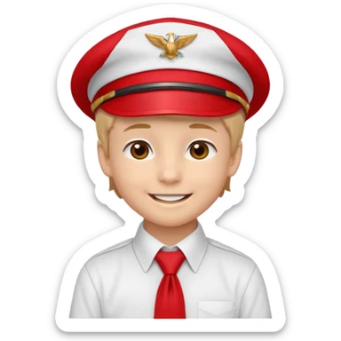 A Soviet pioneer emoji — smiling young boy wearing a bright red tie (pioneer neckerchief) and a red pilotka cap. White shirt, neat and cheerful, minimal flat emoji style, simple colors, clear outlines, professional emoji design. sticker