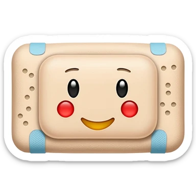 single adhesive bandage in light beige tone, rectangular with rounded edges and a small padded center, slightly textured surface with subtle perforation dots on each end, positioned flat, no face, no skin or wound, apple emoji style, soft lighting, subtle shadows, emoji scale sticker