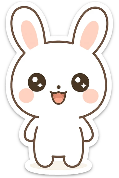 Enhance the bunny by making its fur a pure, bright white color while keeping the kawaii style, pink cheeks, and all other features the same. No background. sticker