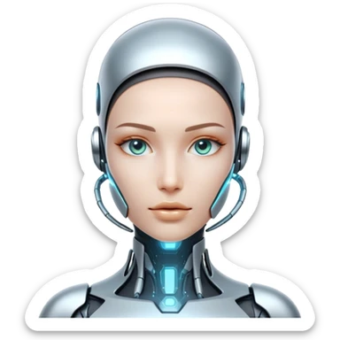 Futuristic human with metallic cybernetic enhancements, digital interface on face, holographic display sticker