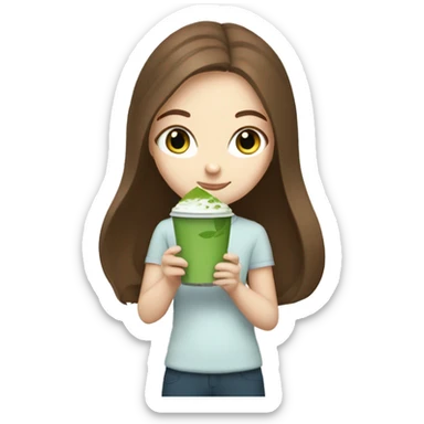 white girl with long brown hair and blue eyes holding a matcha  sticker
