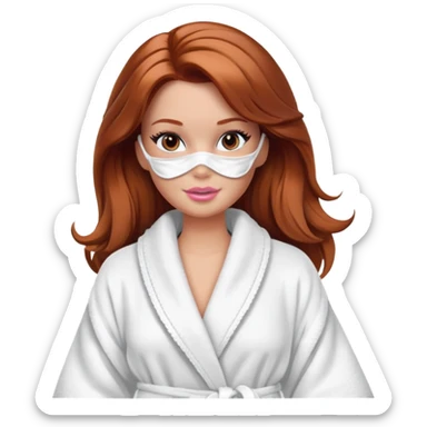 A Barbie face with shoulder-length reddish-brown hair, makeup, a smeared face mask, and a bathrobe. sticker