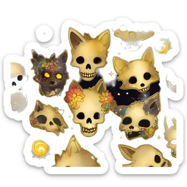 iridescent kintsugi fluffy zombie black brown gold dog fox head zombie skull skeleton gold mechanical nebula galaxy stars colorful flowers fairy lights vintage zombie sticker