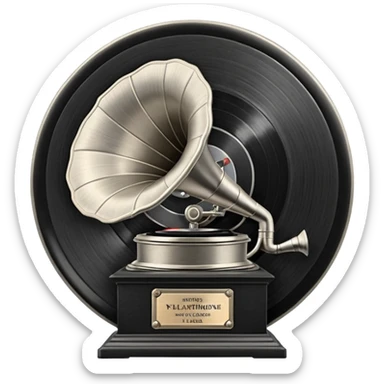 A dark metal platinum music award plaque The center features a relief of a vintage gramophone or stylized vinyl record in a slightly darker metallic tone sticker