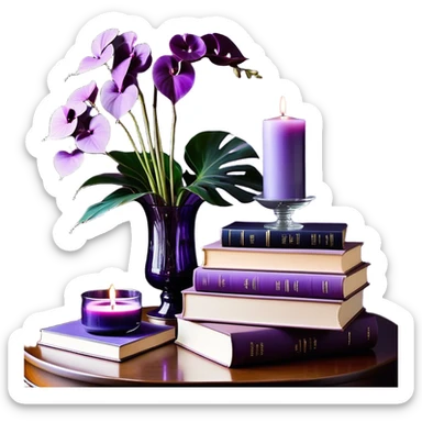 A sophisticated and artistic still life arrangement: a balanced stack of hardcover books in light and dark violet tones, their spines aligned in harmonious contrast. A lavender-colored monstera plant flourishes beside them, its uniquely shaped leaves adding a touch of organic beauty. A deep purple orchid glass candle holder glows gently, radiating warmth. To enrich the composition, a decorative amethyst crystal catches the light, a soft plum-colored linen cloth cascades from the table’s edge, and a delicate lavender-scented candle completes the ambiance of refined tranquility. sticker