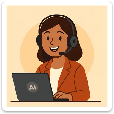 flat toon style AI voice receptionist with headset, cheerful, simple background sticker