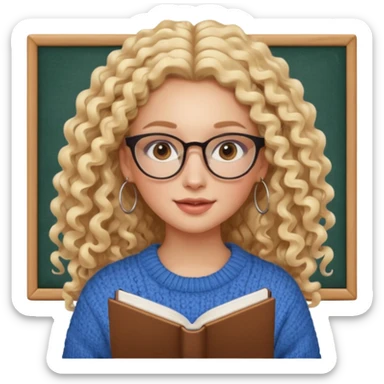 cute white woman with VERY LONG blonde curly hair, brown eyes, full lips, natural clean girl makeup and hoop earrings and square glasses, studying sticker