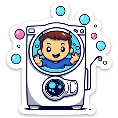 a person experiencing whiplash, spinning inside a washing machine, dizzy expression, bubbles and swirling motion sticker