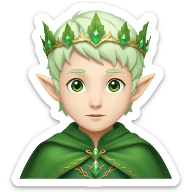 Forest Elf – elegant green-skinned elf with leaf crown and cloak, white short hair sticker