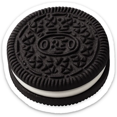 Make the sandwich cookie look even more like an Oreo: two very dark chocolate wafers with detailed, classic Oreo-style embossed pattern, thick white cream layer in between, clean edge, slight gloss on the cream. No bite, no packaging, just the whole cookie. Apple emoji style, soft lighting, subtle shadows, emoji scale. Transparent background. sticker