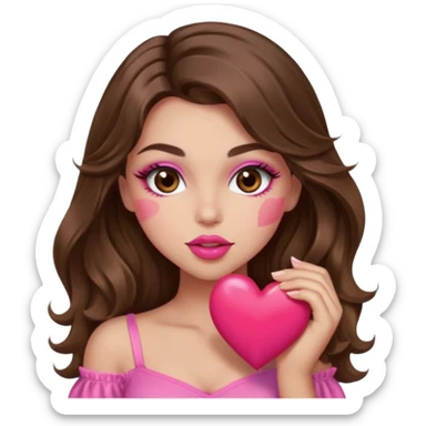 girl with long wavy brown hair, brown eyes, long lashes makeup, sexy pink lips, light to medium complexion, wearing a pink sexy top, sexy , puckering, blushing, kissing a heart sexy sticker