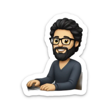 Designer with black hair, beard and glasses working with MacBook and drinking cappuccino  sticker