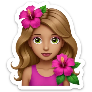 Una ragazza con gli occhi tra il marrone e il verde con gli occhi grandi i capelli lunghi castani quasi biondi lunghi fino alle spalle,poi magra con un top fucsia e uh hibicus sempre fucsia trai capelli  sticker