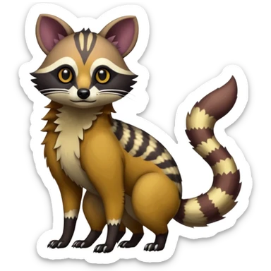 Rare warm-colored exotic edgy epic aesthetic gloomy spooky dark modern colorful cyber-Genet-Trico-Tanuki-Dingo-Civet-species-Fakemon-hybrid-creature, with beautiful intricate markings, full body sticker