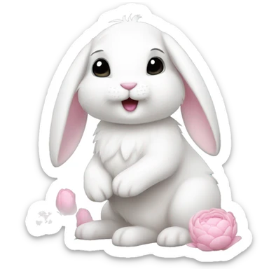 cute white bunny holding light pink peonies sticker