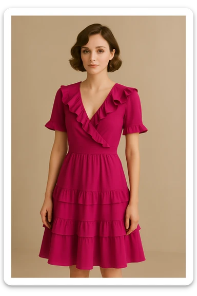 Change the pink dress to a vibrant fuchsia with ruffles, keep the rest of the look the same, bold and stylish style. sticker