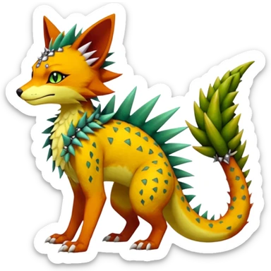 Kawaii cute reddish orangish yellowish greenish exotic tropical beautiful pretty elegant divine edgy feline-vernid-sergal-Fakémon-Pokémon-Digimon-fursona-animal-creature with accessories, jewelries, full body, with intricate detailed markings, spikes, furs, fins, scales, spiny sticker