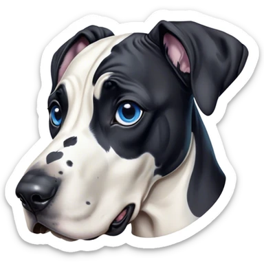 Cinematic Cute Harlequin Great Dane Portrait Emoji, Head tilted playfully and inquisitively, featuring a glossy coat of predominantly white with dynamic black patches, round, sparkling blue eyes filled with gentle curiosity, Simplified yet irresistibly adorable features, highly detailed, glowing with a warm, friendly glow, high shine, affectionate and gentle, stylized with a touch of whimsy, bright and endearing, soft glowing outline, capturing the essence of a mischievous yet loving pup, so playful it feels like it could lumber out of the screen and into your arms! sticker