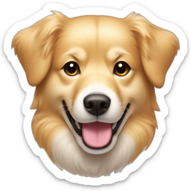 happy small mix-breed between Golden Retriever and Spitz with creme-colored fur and one pointy ear sticker