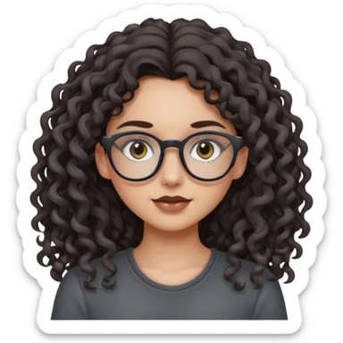 aesthetic white girl with dark brown, long curly hair, she wears a dark grey top and  glasses and her eyes are black sticker